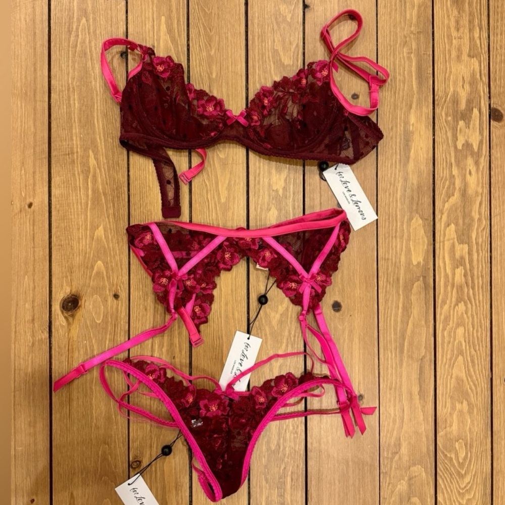 For Love & Lemons Elegant Lace Lingerie Set in burgundy and Fuchsia